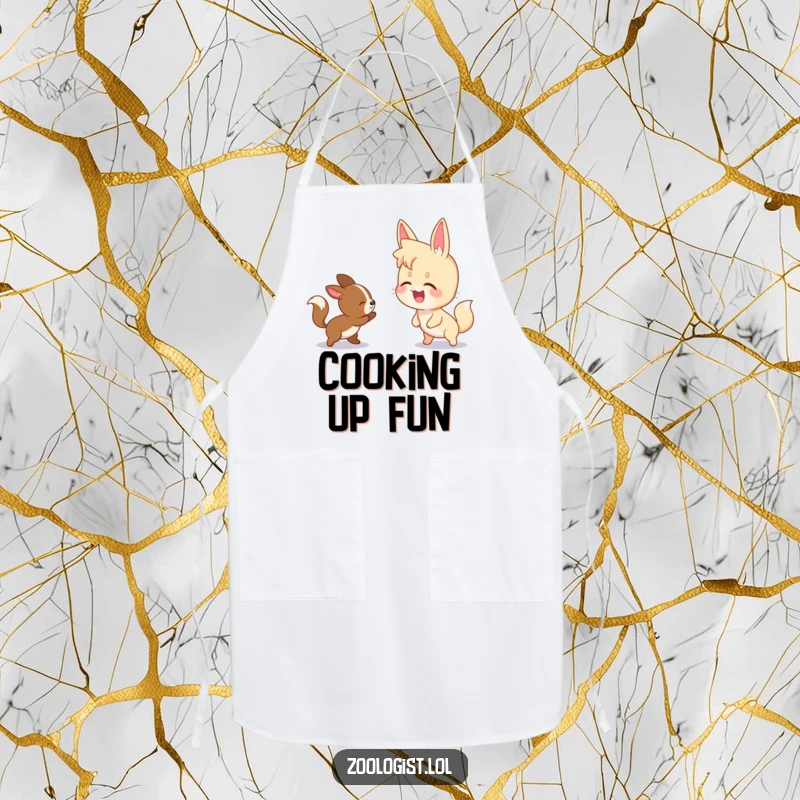 Funny apron showing a character giggling while watching two animals playfully chase each other, perfect for a fun kitchen.
