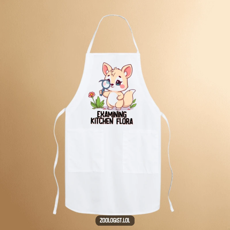 Funny apron with a cute animal character holding a magnifying glass, proudly inspecting a wildflower, ideal for kitchen or garden use.
