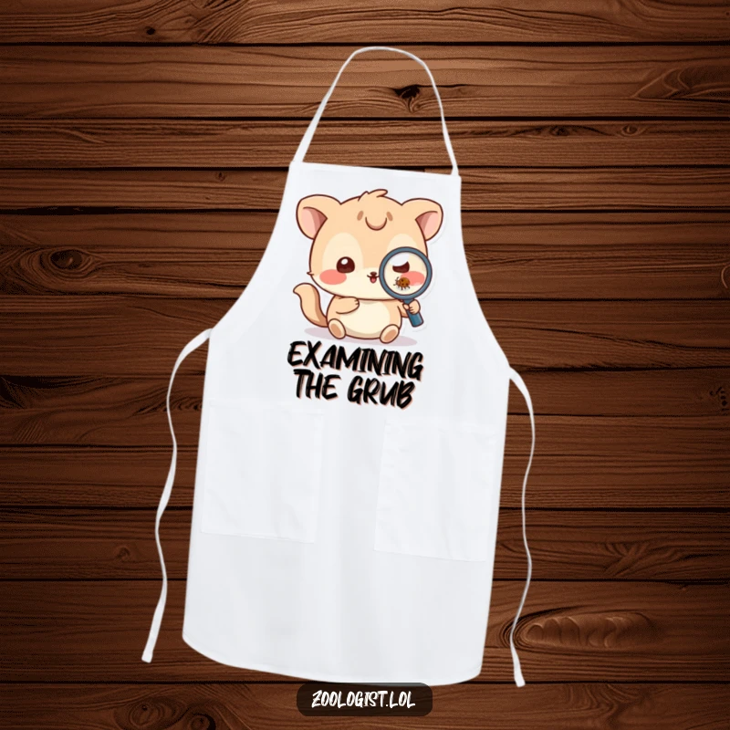 Funny Apron: Playful animal character using a magnifying glass to inspect a small bug, ready for kitchen exploration.