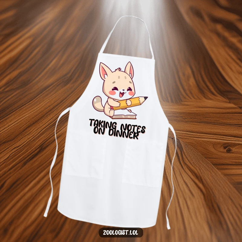 Funny apron showing an excited animal character taking notes with a large pencil, bringing humor and a hint of organization to the kitchen.