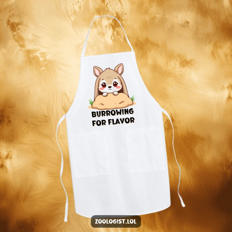 Funny Apron: Cute animal character is peering into a burrow with a quizzical expression, wearing an apron.