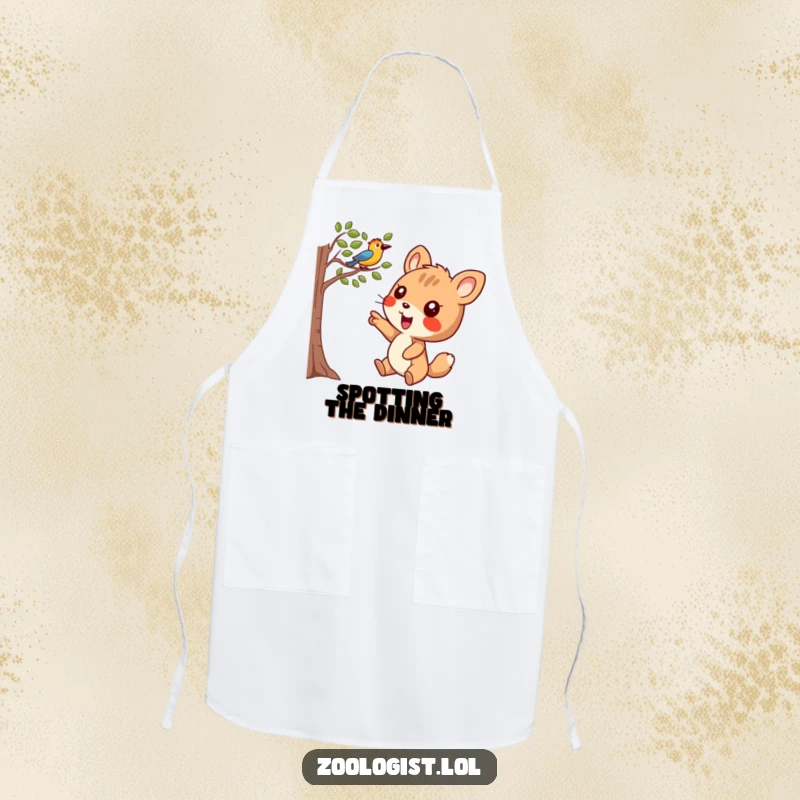 Funny Apron: Joyful animal character pointing excitedly at a bird in a tree, ready for kitchen celebrations.