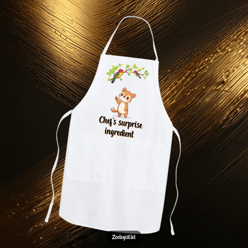 Funny kitchen apron depicting a cute animal character pointing with keen interest at a colorful bird perched on a tree branch.