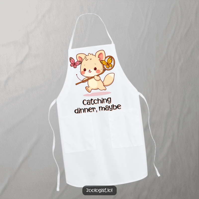 Funny apron featuring a cute animal character playfully chasing a butterfly with a net, ideal for kitchen or craft room use with a fun theme.