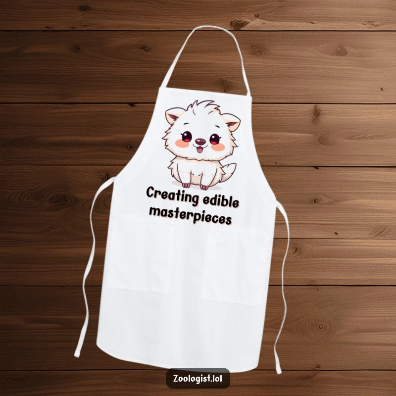 Funny apron featuring a cute animal character with artistic flair, delightedly sketching a strange and wonderful specimen.