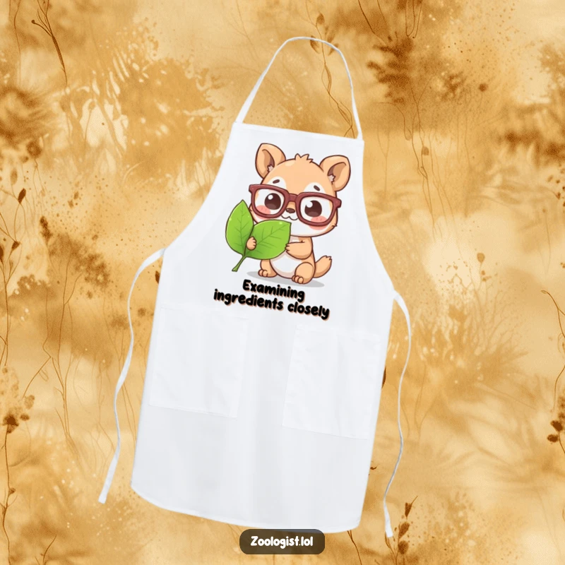 Funny Apron: A cute animal character in oversized glasses, meticulously examining a leaf, ready for kitchen adventures.