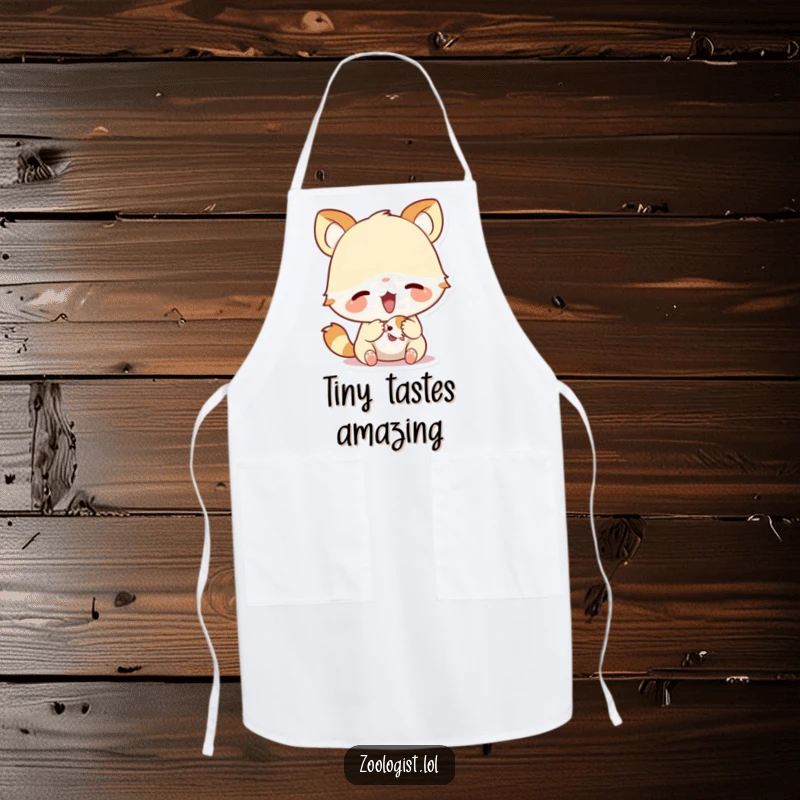 Funny apron with a cute animal character excitedly examining a small creature, perfect for cooks who love to explore and laugh.