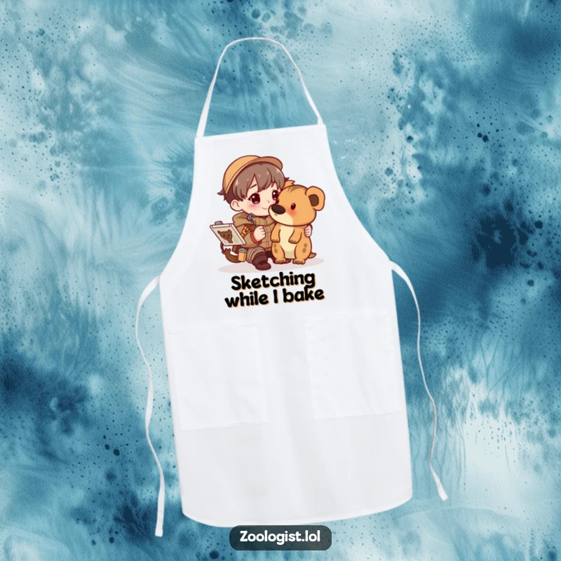 Funny character happily sketching an animal in a detailed field guide, featured on a protective and humorous apron.