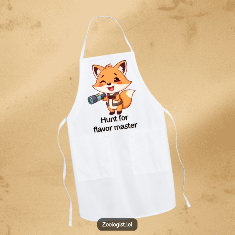 Funny fox apron, an excited fox with binoculars pointing, ready for kitchen adventures, perfect for chefs and home cooks.