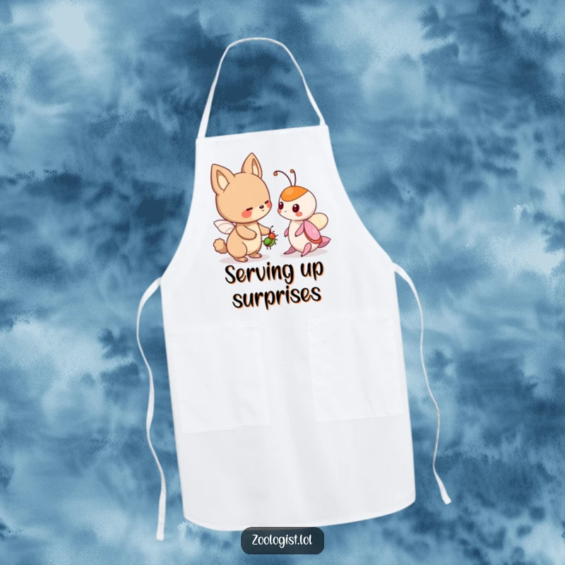 Funny apron with a cute animal character offering a friendly bug to another creature, perfect for humorous kitchen sharing.