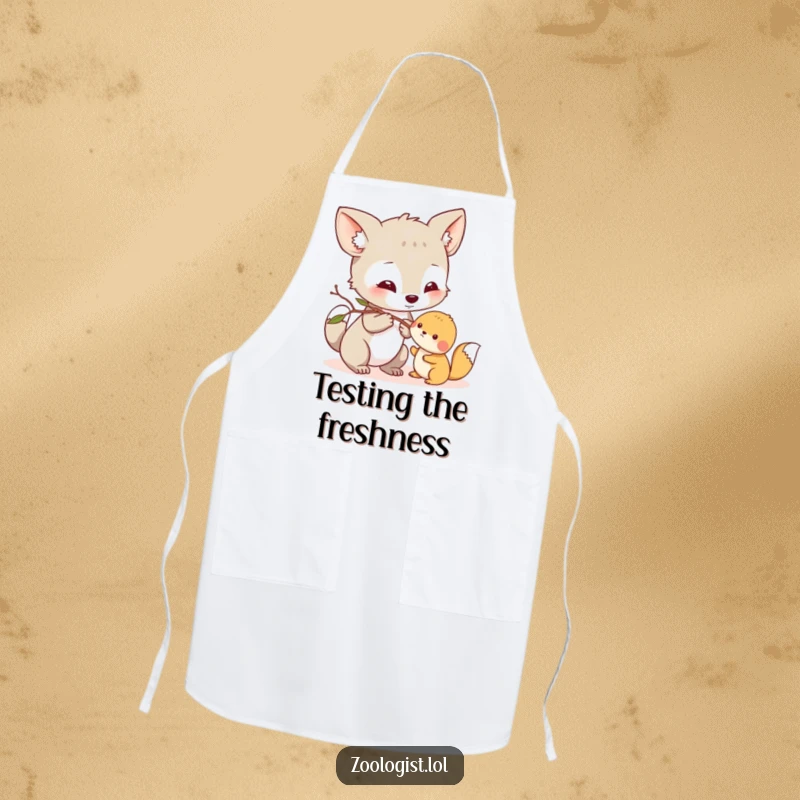 Funny Apron: Curious animal character gently nudging a small creature with a twig, ready for kitchen kindness.