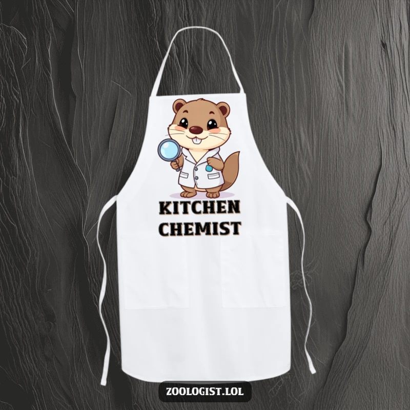 Funny apron with a happy otter character in a lab coat holding a magnifying glass, perfect for humorous kitchen or lab use.