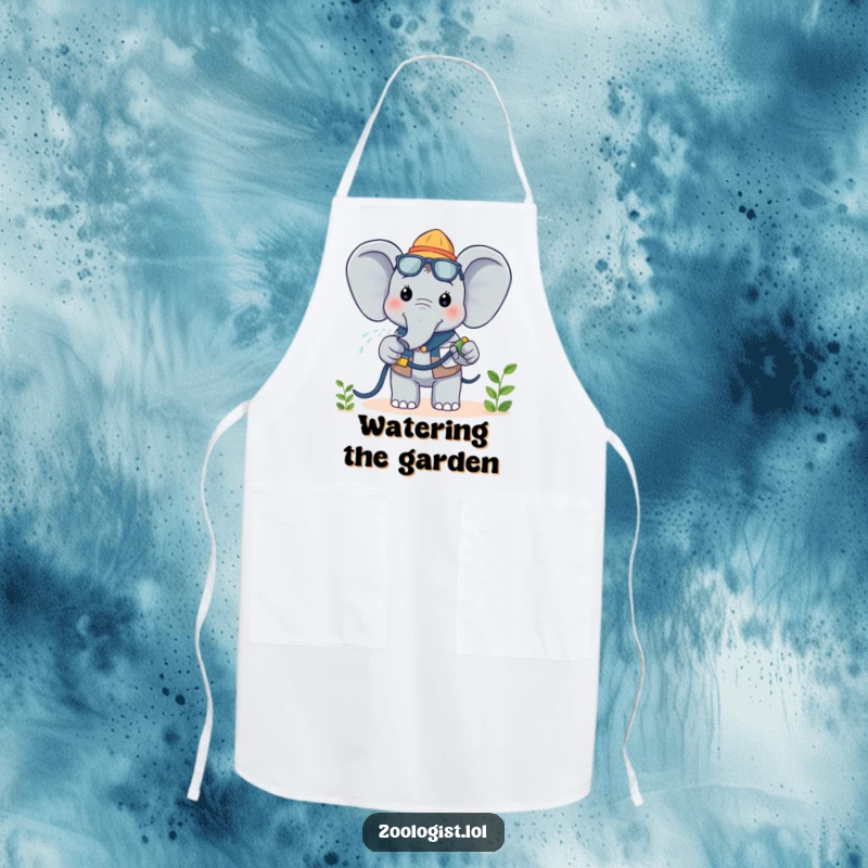 Funny Kawaii Elephant Zoologist Apron: A cheerful elephant zoologist happily waters a plant, adding humor to gardening and cooking.