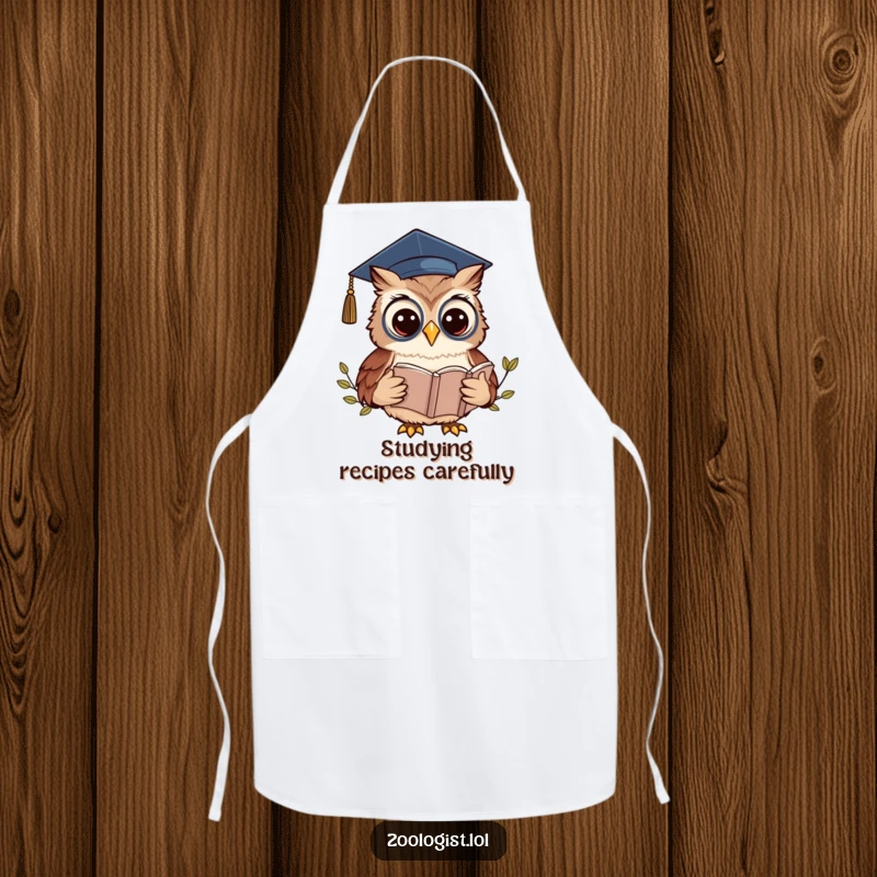 Funny Kawaii Owl Zoologist Apron: A graduate owl reads a book, perfect for funny and intelligent cooking.