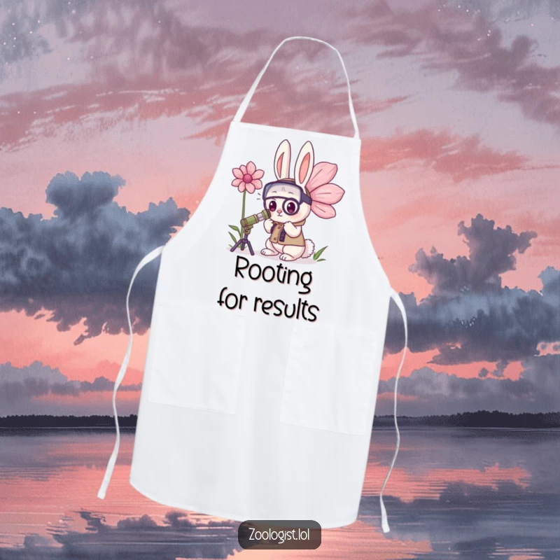 Funny Kawaii Rabbit Zoologist Apron: A determined bunny zoologist intently studies a giant flower, making kitchen tasks hilariously fun.