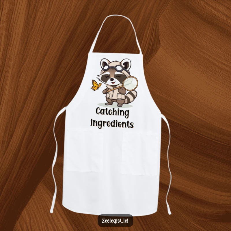Funny Kawaii raccoon zoologist character chasing a butterfly with a net, a humorous and protective apron for nature enthusiasts.
