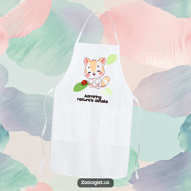 Funny apron showing a cute animal character examining a ladybug on a leaf, perfect for a kitchen setting with a humorous, nature-loving theme.