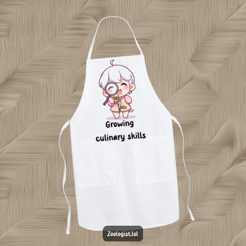 Funny apron with a character examining a plant with a magnifying glass, protecting gardeners with humor. An ideal funny gift for plant lovers.