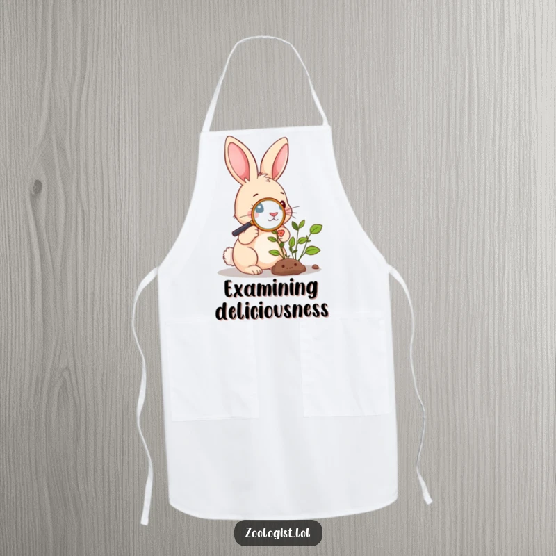 Funny Apron: Cute rabbit examining a plant with a magnifying glass, bringing humor and protection to gardening or kitchen tasks.