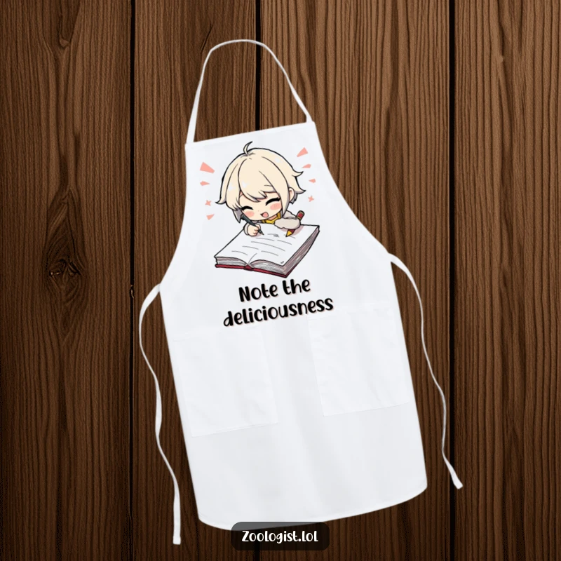 Funny apron with a character scribbling furiously in a notebook, protecting creators with humor. An ideal funny gift for writers.