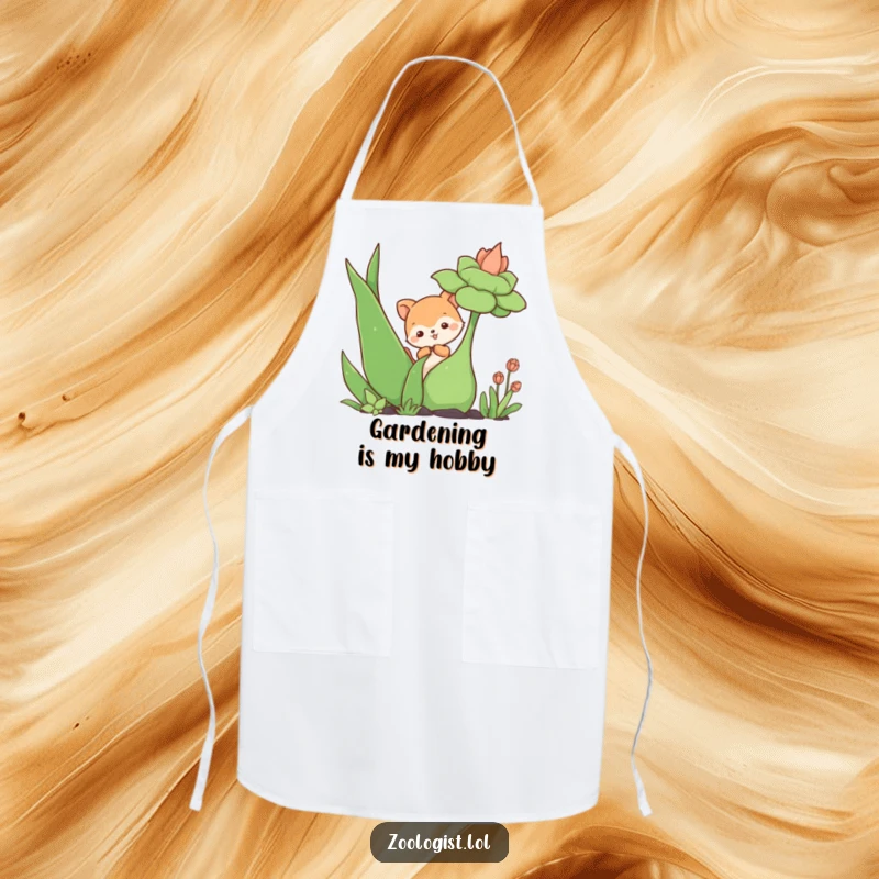 Funny apron featuring a cute animal character curiously poking a giant plant, designed for chefs and home cooks who love to laugh.
