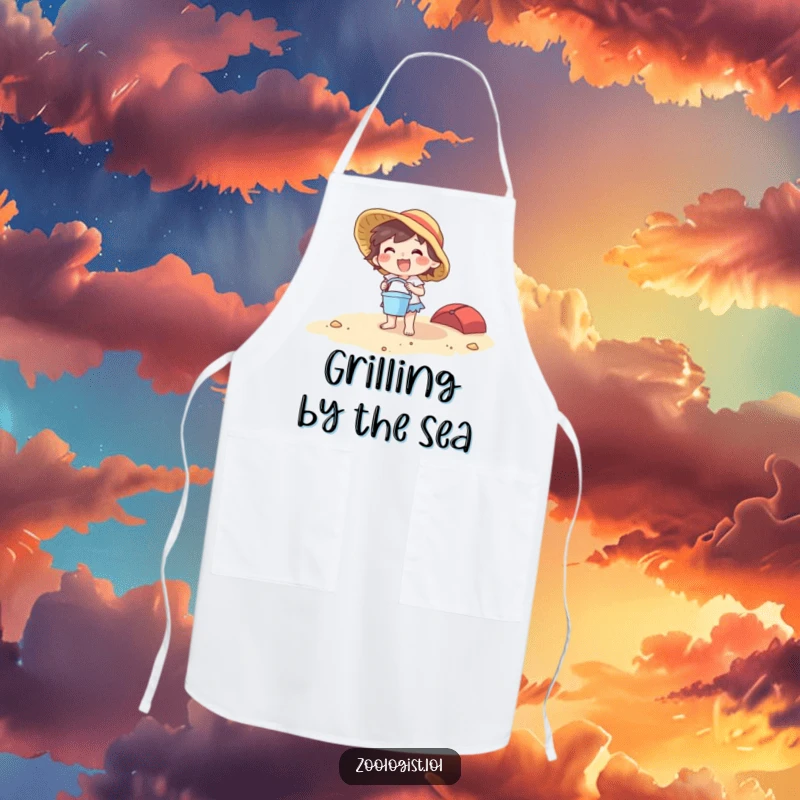 Funny beach character apron with a joyful creature holding a bucket and spade, ideal for messy beachside cooking.