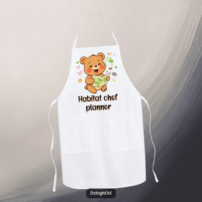 Funny apron with a joyful bear character studying a map of animal habitats, perfect for humorous kitchen or outdoor use.