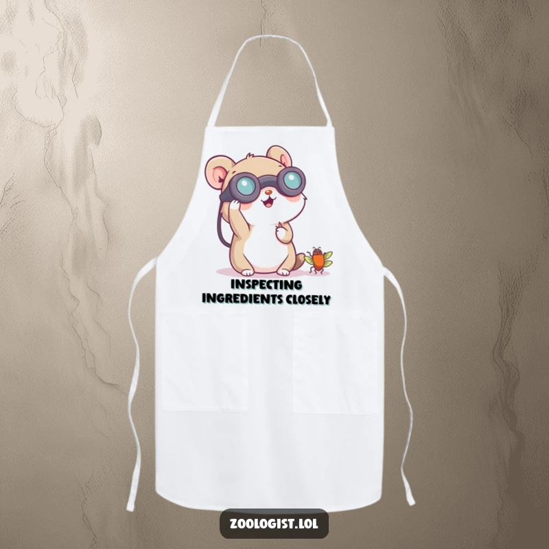 Funny apron depicting a small animal character cheerfully using binoculars to examine a tiny bug, ideal for outdoor activities.