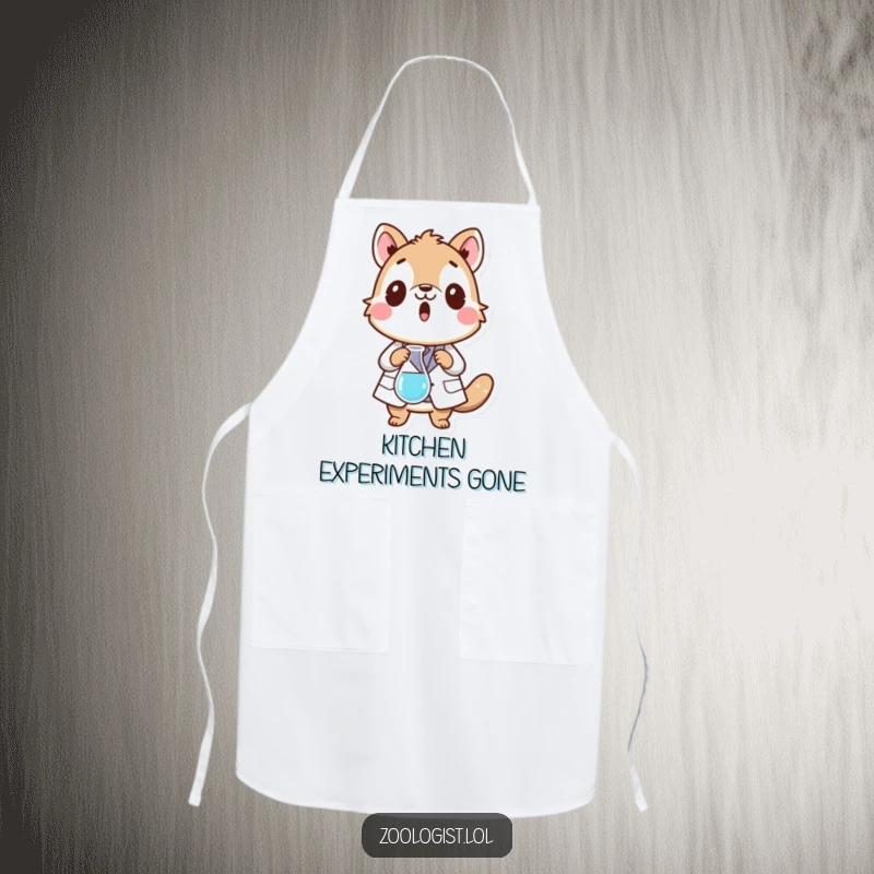 Funny apron with a surprised animal character in a lab coat dropping a beaker, perfect for humorous kitchen experiments.