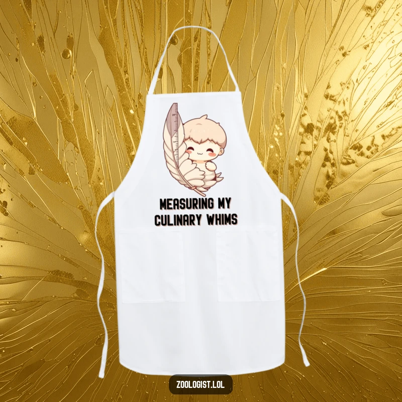 Funny apron design of a character humorously measuring a giant feather while cooking, for a playful kitchen experience.