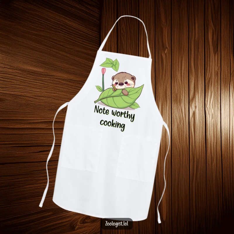 Funny apron showing a curious otter meticulously annotating a giant leaf, perfect for study or culinary adventures.