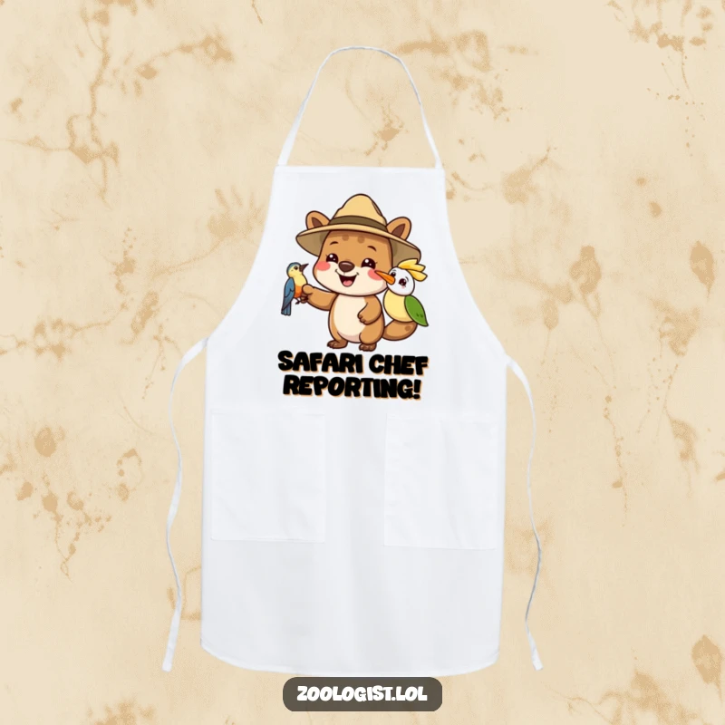 Funny apron showcasing a joyful animal in a safari hat pointing at a bird, ideal for humorous cooking adventures.