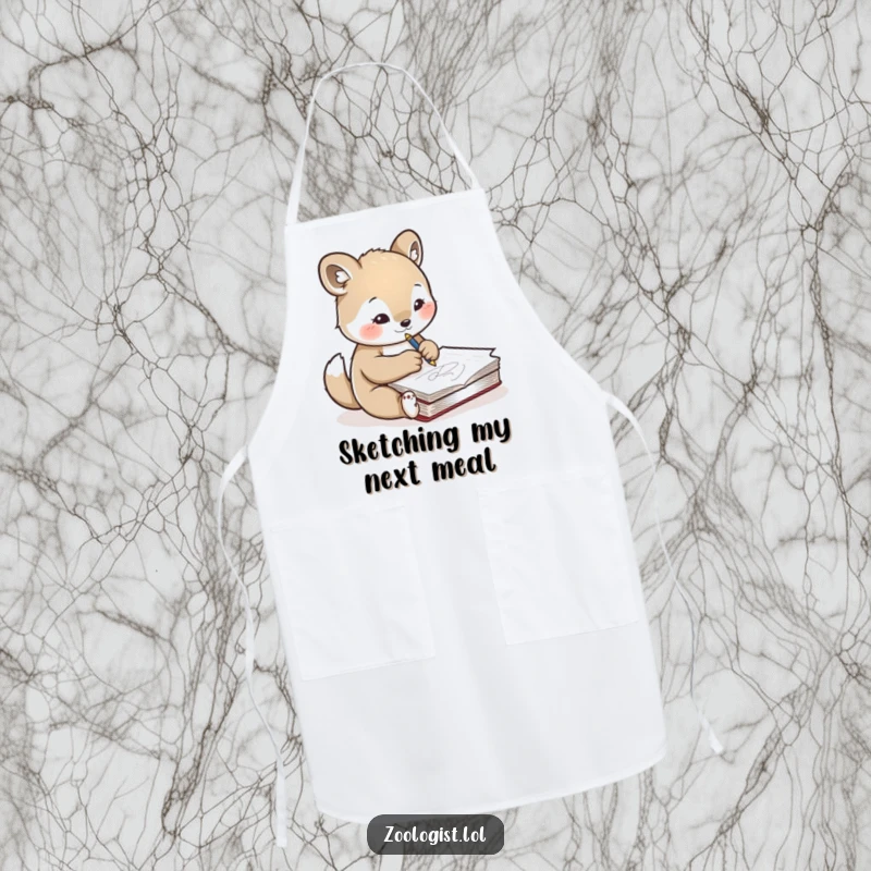 Funny apron featuring a cute animal character concentrating on sketching another animal in a notebook, perfect for artists and crafters in their workspace.