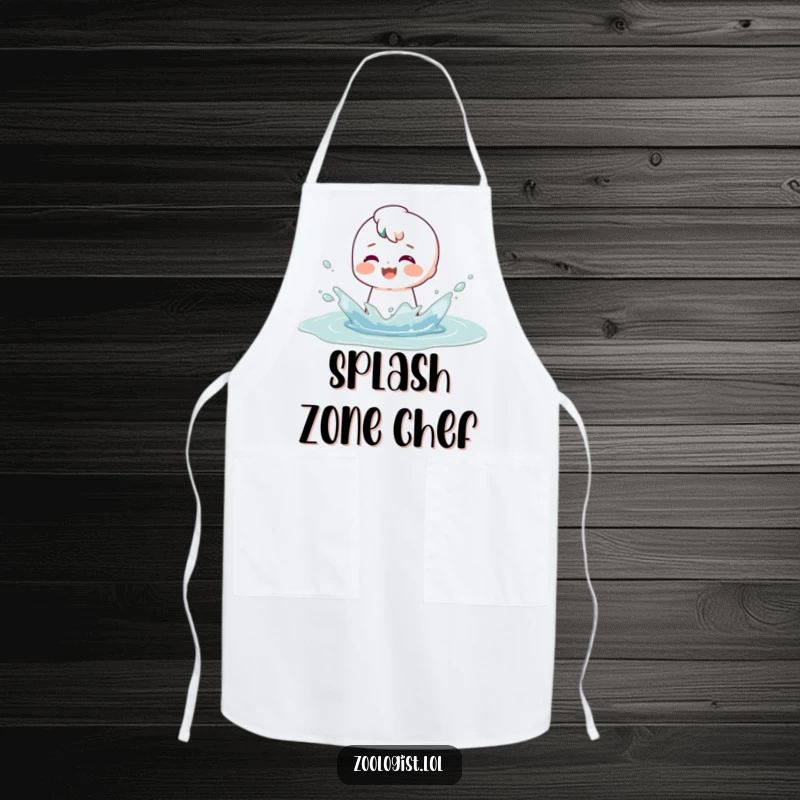 Funny apron with a character joyfully splashing in a puddle, their face bearing a satisfied smile, perfect for kitchen play.