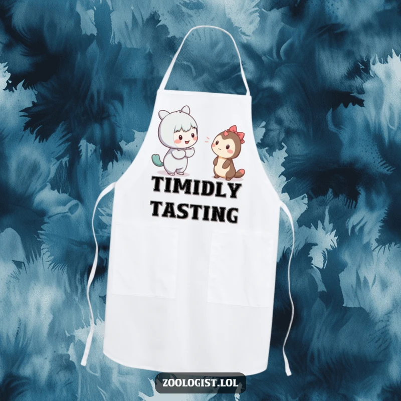 Funny apron showing a character gently trying to communicate with a shy creature, perfect for a kind kitchen.