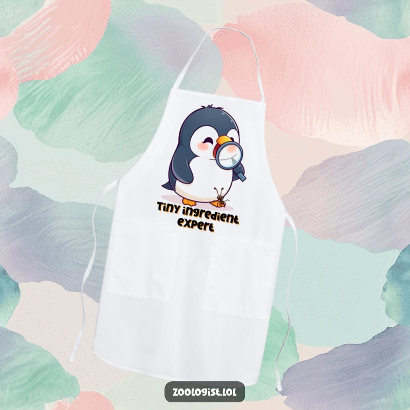 Funny apron showing an excited penguin observing a tiny ant with a magnifying glass, perfect for messy exploration.