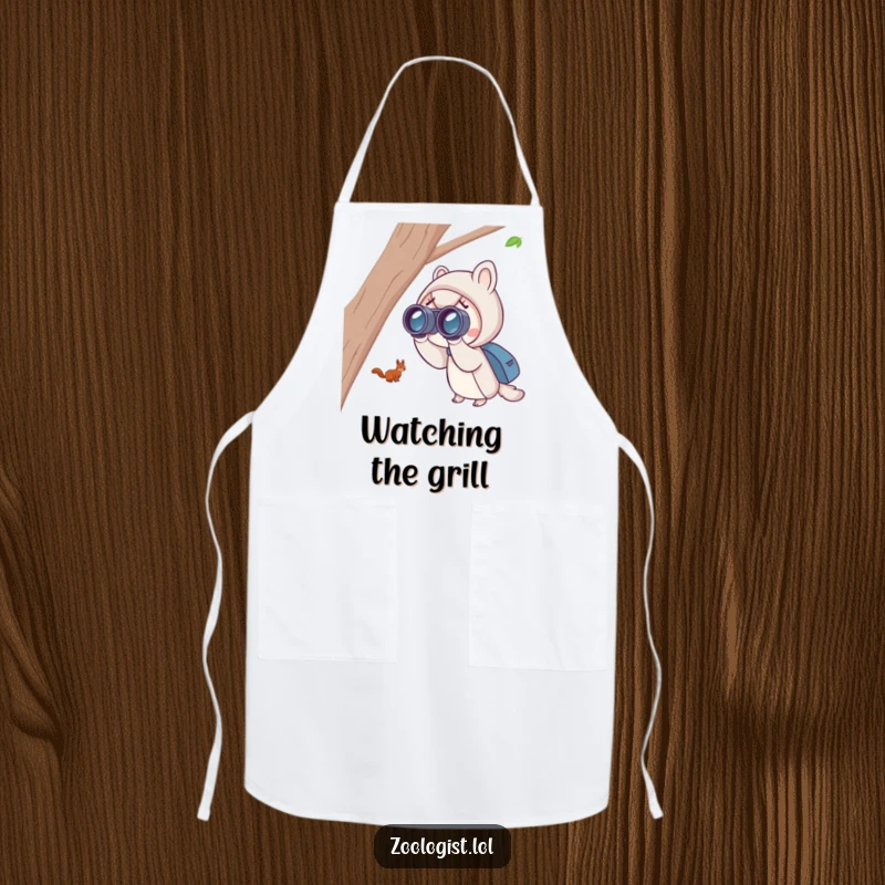 Funny squirrel spotting apron with a cute character using binoculars to excitedly watch a distant, playful squirrel, ideal for messy fun.