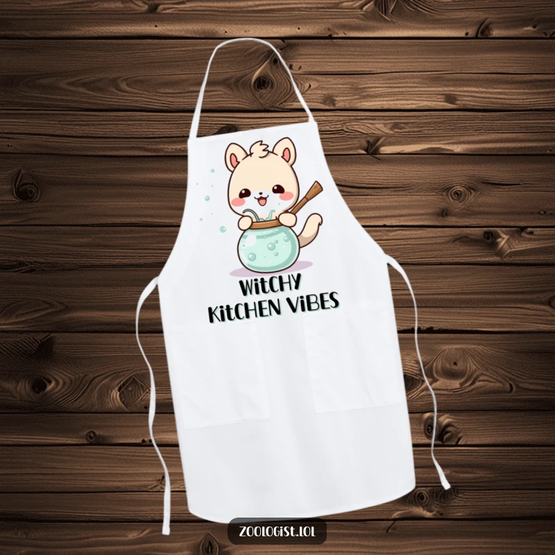 Funny Cute Animal Apron Happily Stirring a Bubbling Potion, Humorous and Practical Magical Wear.