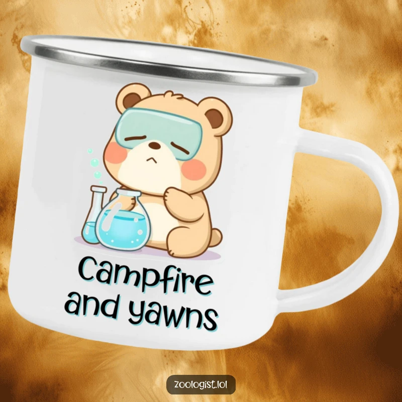 Funny Kawaii bear zoologist character yawning near a bubbling beaker, humorous enamel camping mug for outdoor science enthusiasts.