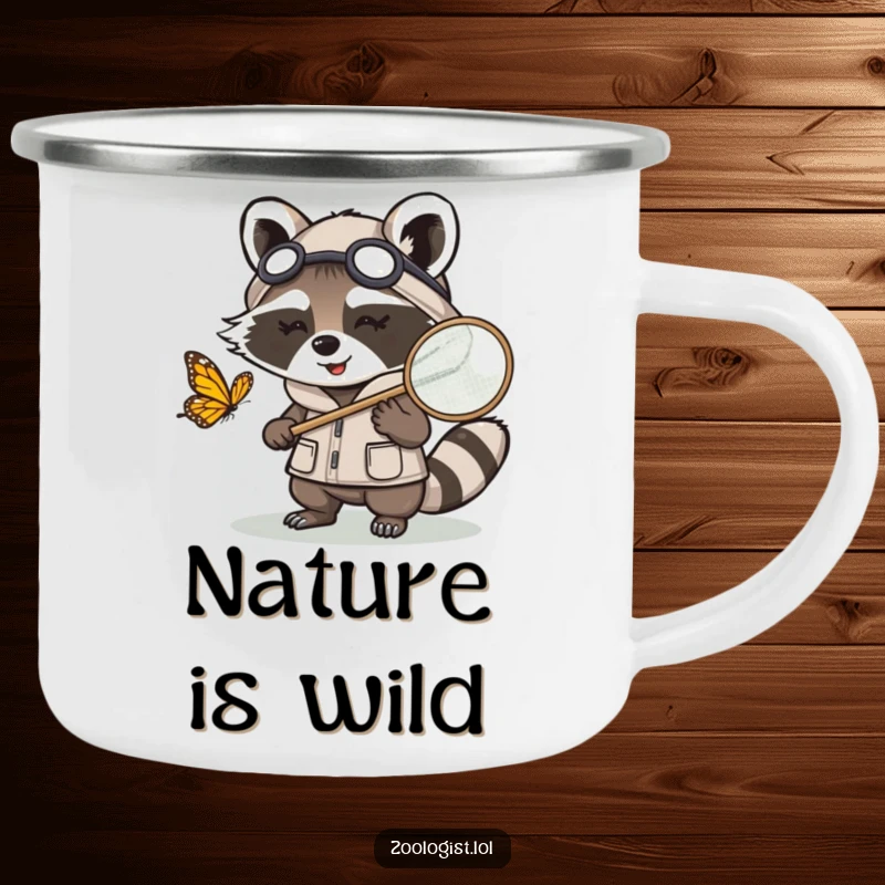 Funny Kawaii raccoon zoologist character chasing a butterfly with a net, humorous enamel camping mug for outdoor nature lovers.