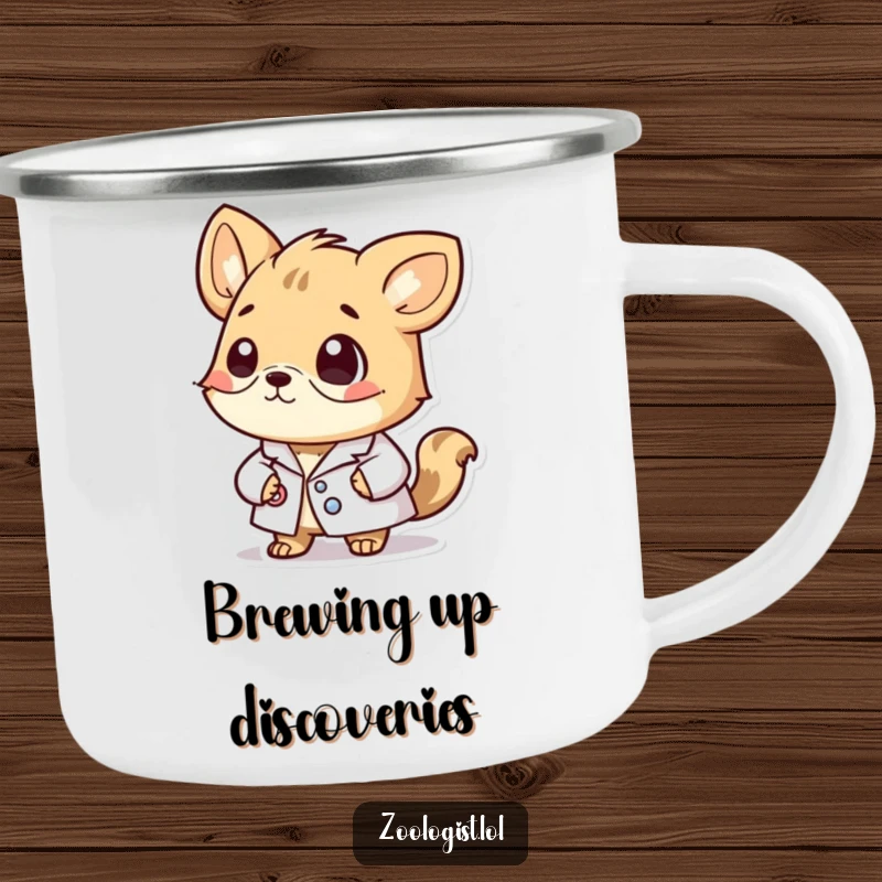 Funny camping mug with a cute animal character in a lab coat, looking thoughtful and ready for outdoor scientific exploration.