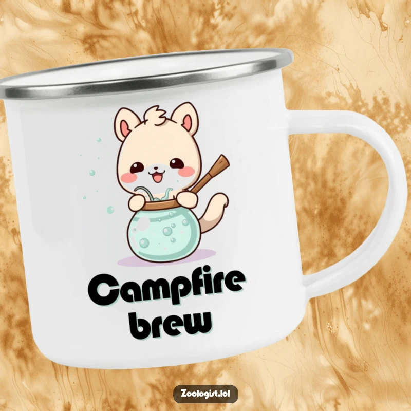 Funny Cute Animal Camping Mug Happily Stirring a Bubbling Potion, Durable and Humorous.