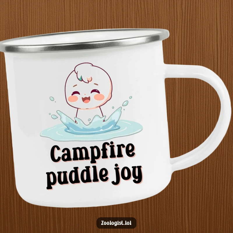 Funny camping mug showing a character making a big, playful splash in a puddle, their face displaying a satisfied smile, great for outdoors.