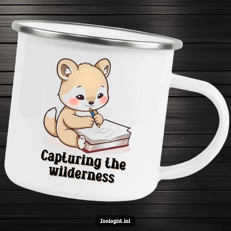 Funny camping mug showing a cute animal character concentrating on sketching another animal in a notebook, designed for artists who love to create anywhere.