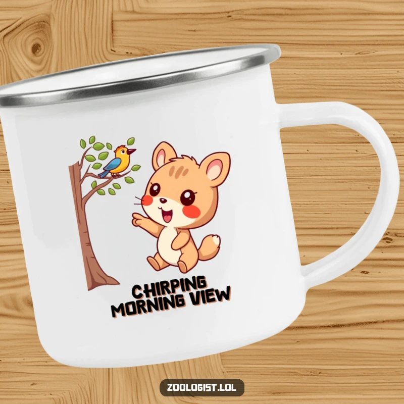 Funny Camping Mug: Joyful animal character pointing excitedly at a bird in a tree, perfect for sharing outdoor joy.