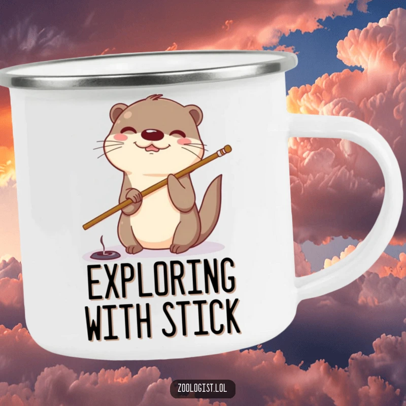 Funny otter camping mug showing a giggling otter using a stick to poke a hole, ready for outdoor fun.