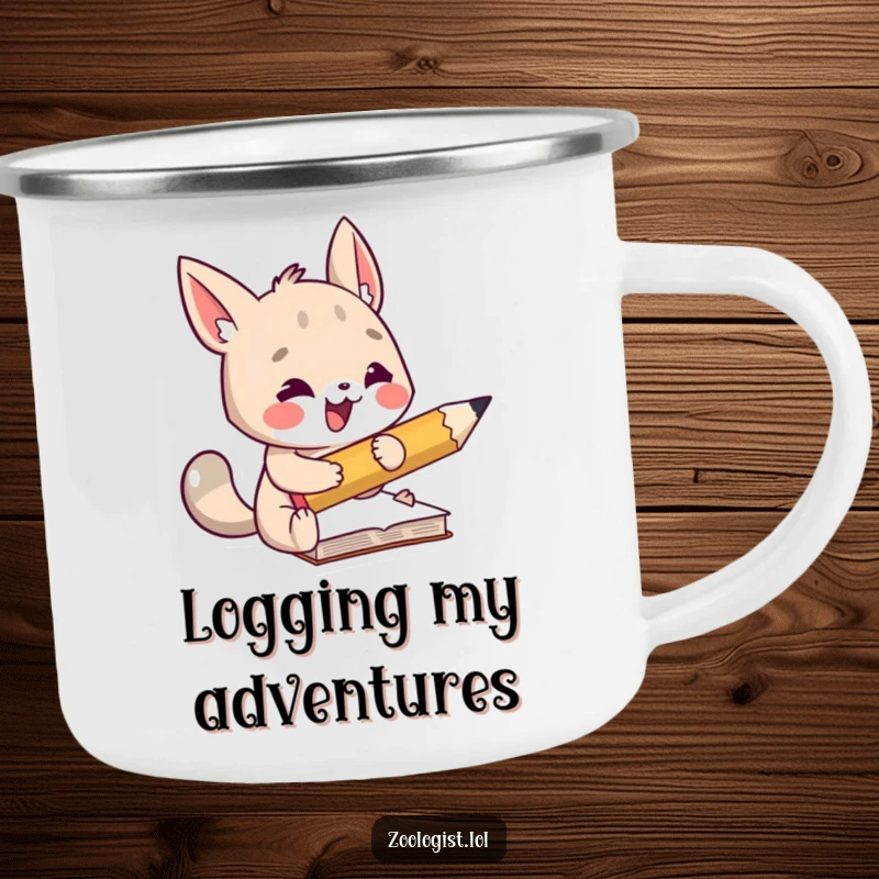 Funny camping mug showing an animal character taking notes with an oversized pencil, ideal for outdoor adventures and humorous journaling.