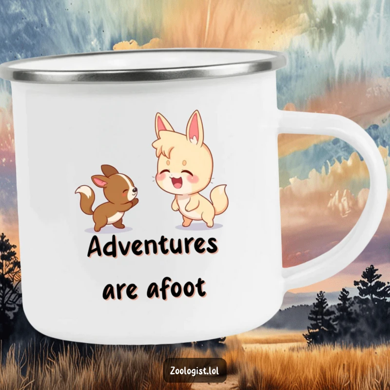 Funny camping mug showing a character giggling while watching two animals playfully chase each other, ideal for outdoor fun.