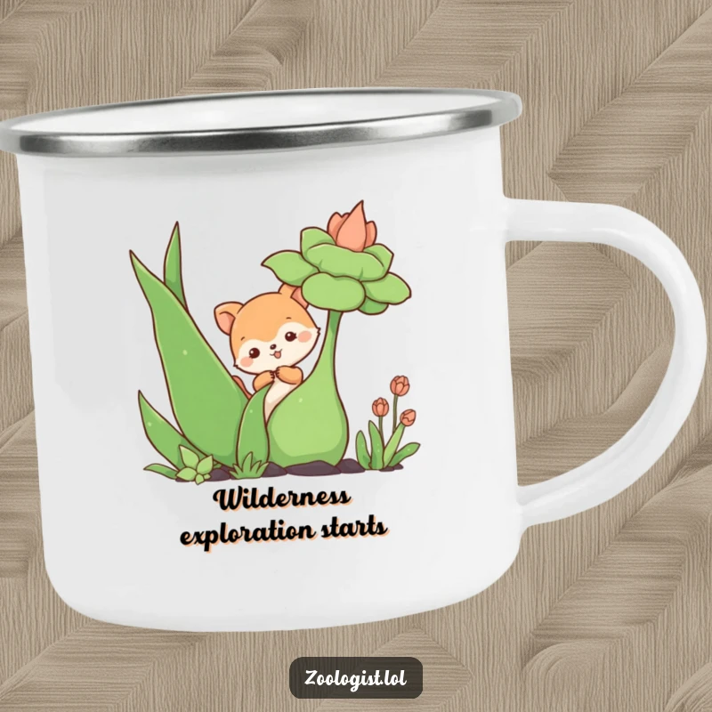 Funny camping mug with a cute animal character curiously poking a large plant, ideal for outdoor enthusiasts who enjoy a laugh.