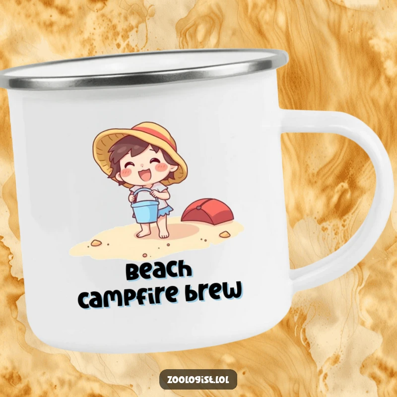Funny beach character camping mug with a joyful creature holding a bucket and spade, perfect for seaside adventures.